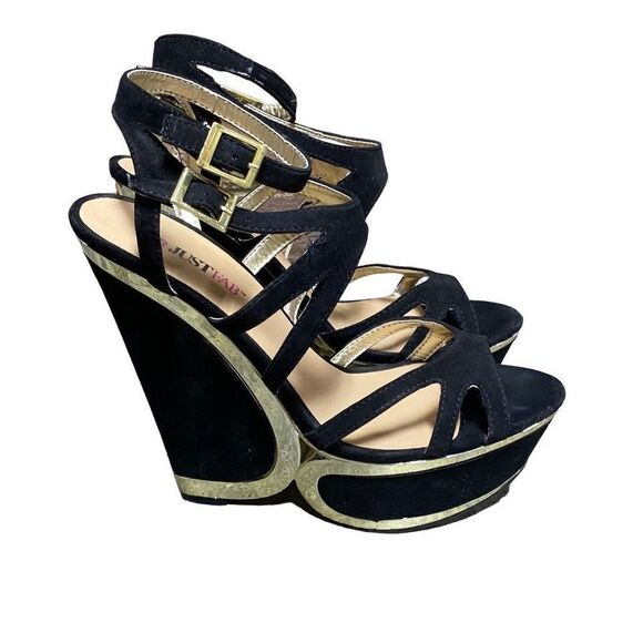 Just Fab Black Strappy Platform Wedge Size 8.5 - Picture 1 of 10